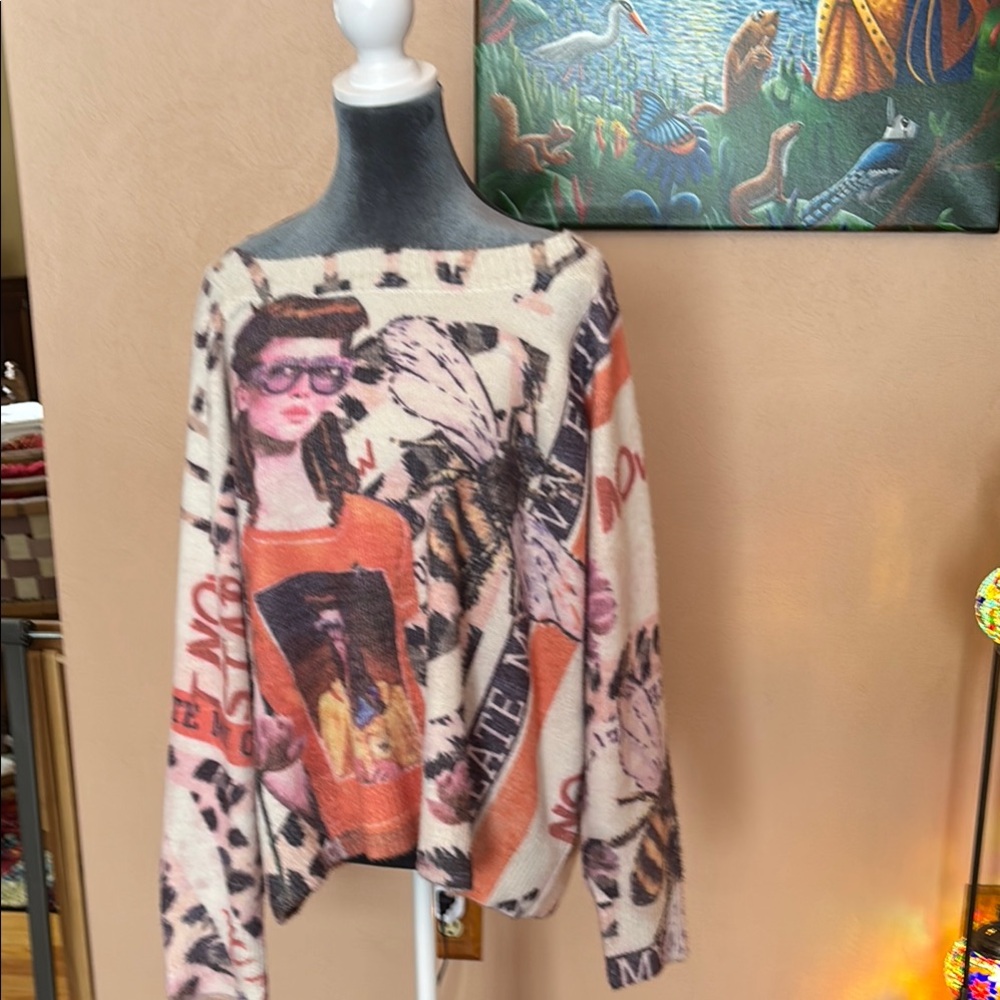 Unique Graphic Sweater with Portrait and Butterfly